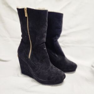 JUICY COUTURE Jckasia Black Suede Fur Lining Mid Calf Wedge Boot Sz 10M